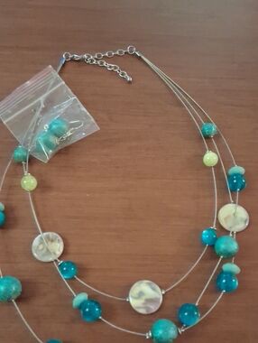 Multi-Strand Turquoise & Teal Beaded Necklace With Matching Earrings